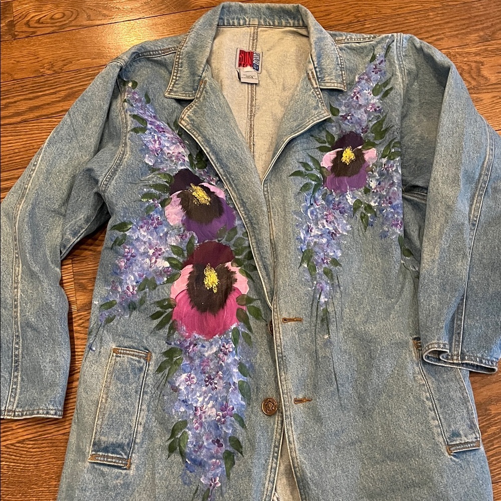 Sun Belt denim M/L Floral Denim Duster Coat handpainted - Picture 2 of 4